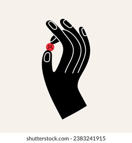 Abstract black Hand holding tiny red circle with face. Sad emotion. Hand drawn trendy Vector illustration. Cartoon style. Isolated design element. Poster, icon, print, logo template