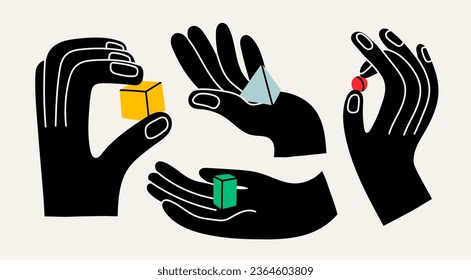 Abstract black Hands hold basic Geometric Figures. Cube, pyramid, sphere. Different shapes, positions. Hand drawn trendy Vector illustration. Cartoon style. Isolated design elements