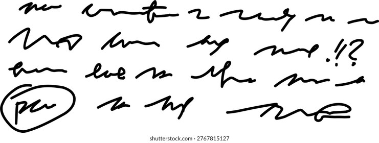 Abstract black handwritten scribble text, messy cursive notes style, illegible writing pattern, ink pen strokes isolated on white background