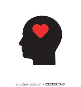 abstrakter schwarzer Kopf mit großem rotem Herzen innen. Konzept der psychischen Gesundheit Ruhe oder einfache Ruhe. flacher, einfacher Trend moderner Passionslogotype Grafikdesign einzeln auf weißem Hintergrund