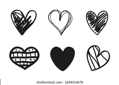 Abstract black heart. Love symbol. Hand drawn sketchy hearts. Black and white illustration