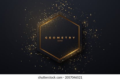 Abstract black hex shape and golden glowing frame   shimmering glitters  Vector illustration  Geometric backdrop and golden glittering particles  Holiday banner design  Minimalist decoration