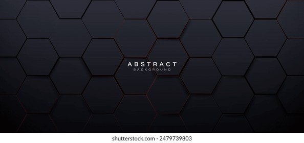 Abstract black hexagon geometric pattern background with red glowing lines. Futuristic digital high-technology banner. Vector illustration