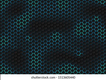 Abstract black hexagon pattern of futuristic texture with blue light rays technology concept. 3D Rendering structure of hexagons carbon fiber with bright energy light breaking through cracks. Vector