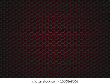 Abstract black hexagon pattern of futuristic texture with red light rays technology concept. 3D Rendering structure of hexagons carbon fiber with bright energy light breaking through cracks. Vector