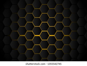 Abstract black hexagon pattern on yellow neon background technology style. Honeycomb. Vector illustration