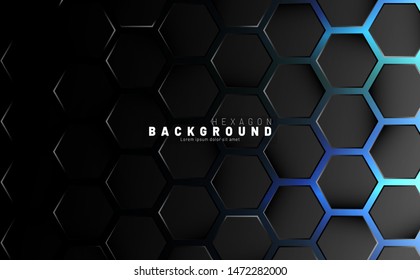 Abstract black hexagon pattern on blue neon background technology style. Honeycomb. Vector illustration
