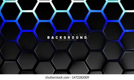 Abstract black hexagon pattern on blue neon background technology style. Honeycomb. Vector illustration