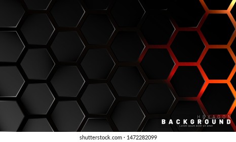 Abstract black hexagon pattern on neon gradient orange background technology style. Honeycomb. Vector illustration
