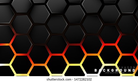 Abstract black hexagon pattern on neon gradient orange background technology style. Honeycomb. Vector illustration
