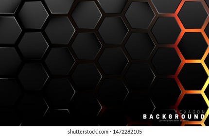 Abstract black hexagon pattern on neon gradient orange background technology style. Honeycomb. Vector illustration
