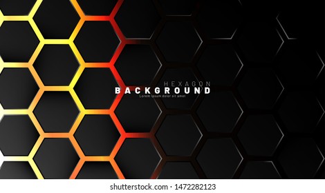 Abstract black hexagon pattern on neon gradient orange background technology style. Honeycomb. Vector illustration
