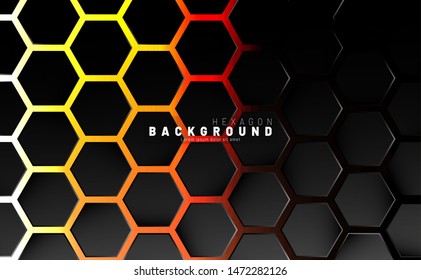 Abstract black hexagon pattern on neon gradient orange background technology style. Honeycomb. Vector illustration
