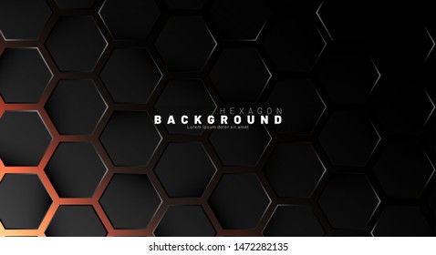 Abstract black hexagon pattern on neon gradient orange background technology style. Honeycomb. Vector illustration
