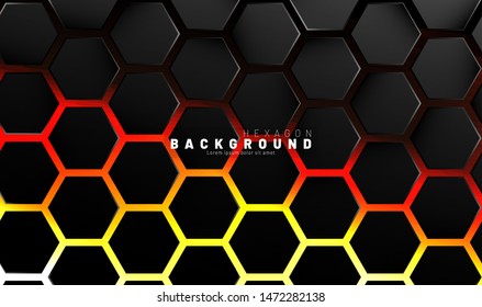 Abstract black hexagon pattern on neon gradient orange background technology style. Honeycomb. Vector illustration
