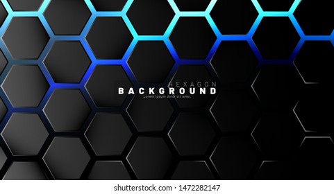 Abstract black hexagon pattern on blue neon background technology style. Honeycomb. Vector illustration