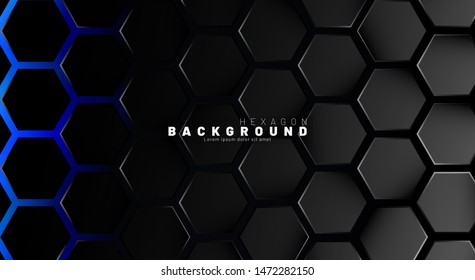 Abstract black hexagon pattern on blue neon background technology style. Honeycomb. Vector illustration