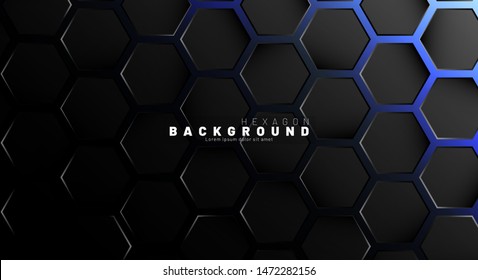 Abstract black hexagon pattern on blue neon background technology style. Honeycomb. Vector illustration