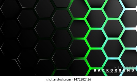 Abstract black hexagon pattern on green neon background technology style. Honeycomb. Vector illustration