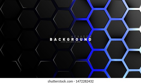 Abstract black hexagon pattern on blue neon background technology style. Honeycomb. Vector illustration