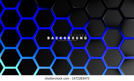Abstract black hexagon pattern on blue neon background technology style. Honeycomb. Vector illustration