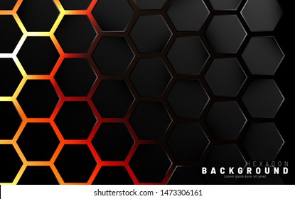 Abstract black hexagon pattern on neon gradient orange background technology style. Honeycomb. Vector illustration