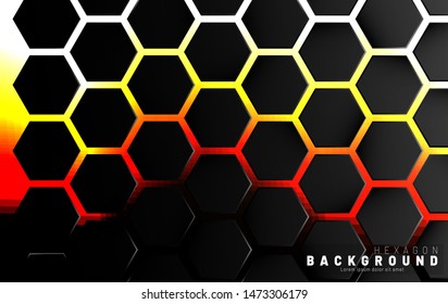 Abstract black hexagon pattern on neon gradient orange background technology style. Honeycomb. Vector illustration