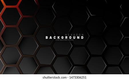 Abstract black hexagon pattern on neon gradient orange background technology style. Honeycomb. Vector illustration