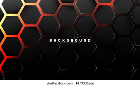 Abstract black hexagon pattern on neon gradient orange background technology style. Honeycomb. Vector illustration
