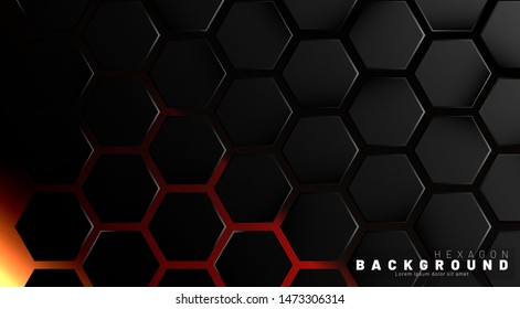Abstract black hexagon pattern on neon gradient orange background technology style. Honeycomb. Vector illustration