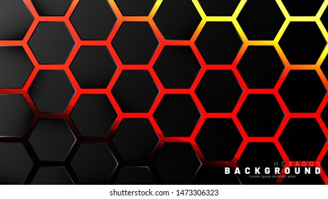Abstract black hexagon pattern on neon gradient orange background technology style. Honeycomb. Vector illustration