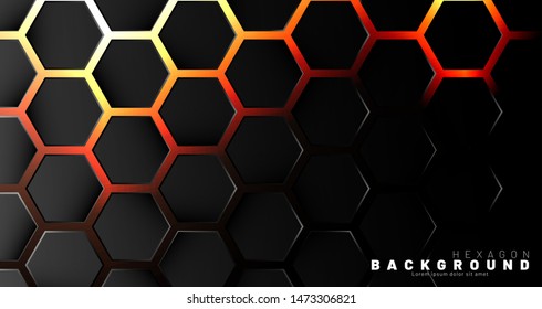 Abstract black hexagon pattern on neon gradient orange background technology style. Honeycomb. Vector illustration