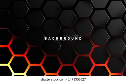 Abstract black hexagon pattern on neon gradient orange background technology style. Honeycomb. Vector illustration