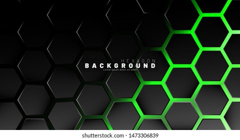 Abstract black hexagon pattern on green neon background technology style. Honeycomb. Vector illustration