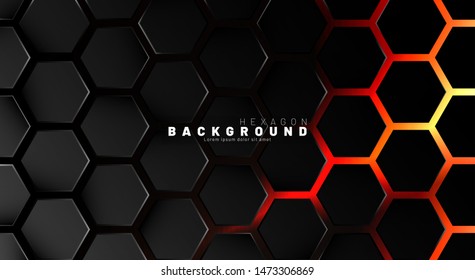 Abstract black hexagon pattern on neon gradient orange background technology style. Honeycomb. Vector illustration
