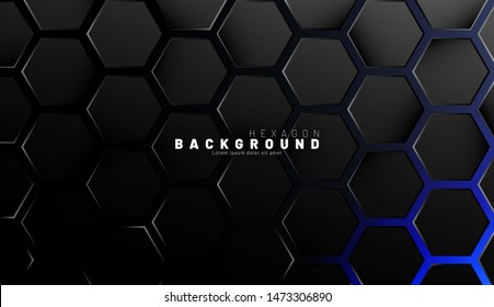 Abstract black hexagon pattern on blue neon background technology style. Honeycomb. Vector illustration