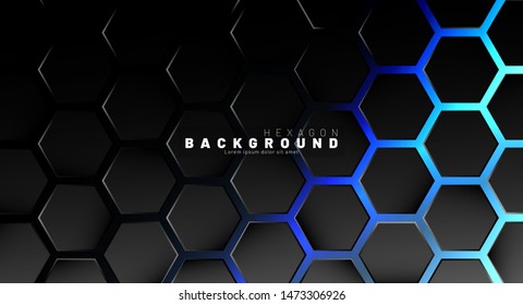 Abstract black hexagon pattern on blue neon background technology style. Honeycomb. Vector illustration