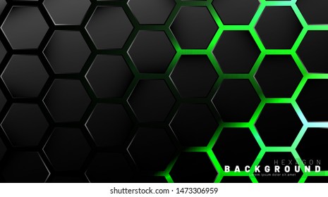 Abstract black hexagon pattern on green neon background technology style. Honeycomb. Vector illustration