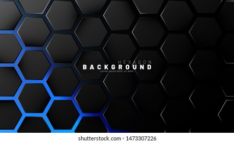 Abstract black hexagon pattern on blue neon background technology style. Honeycomb. Vector illustration