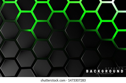 Abstract black hexagon pattern on green neon background technology style. Honeycomb. Vector illustration
