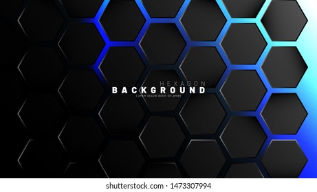 Abstract black hexagon pattern on blue neon background technology style. Honeycomb. Vector illustration