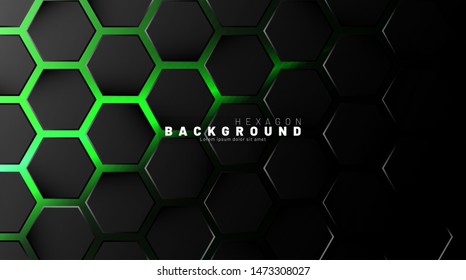 Abstract black hexagon pattern on green neon background technology style. Honeycomb. Vector illustration