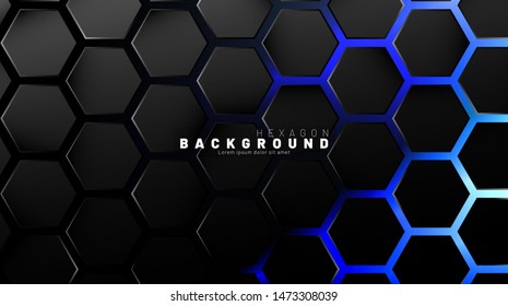 Abstract black hexagon pattern on blue neon background technology style. Honeycomb. Vector illustration