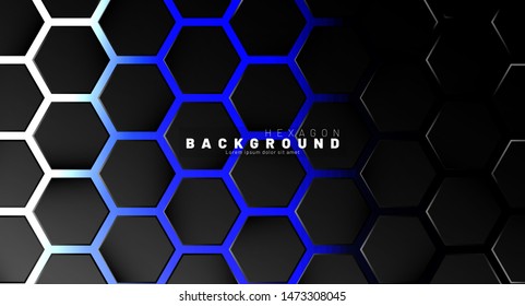 Abstract  black hexagon pattern on blue neon  background technology style. Honeycomb. Vector illustration