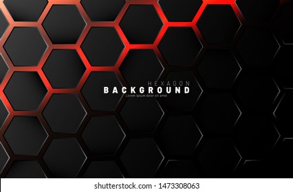 Abstract black hexagon pattern on neon gradient orange background technology style. Honeycomb. Vector illustration