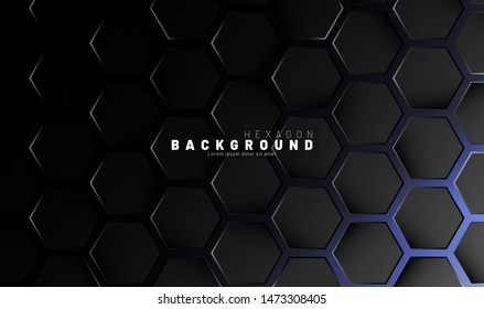 Abstract black hexagon pattern on blue neon background technology style. Honeycomb. Vector illustration