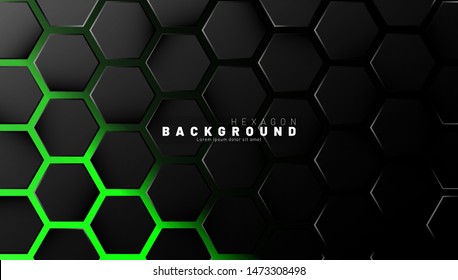 Abstract black hexagon pattern on green neon background technology style. Honeycomb. Vector illustration