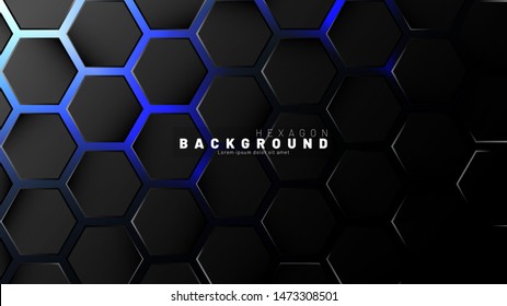 Abstract black hexagon pattern on blue neon background technology style. Honeycomb. Vector illustration