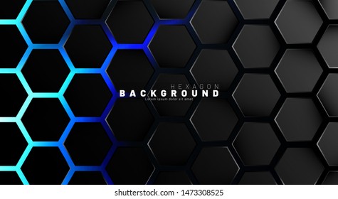 Abstract black hexagon pattern on blue neon background technology style. Honeycomb. Vector illustration