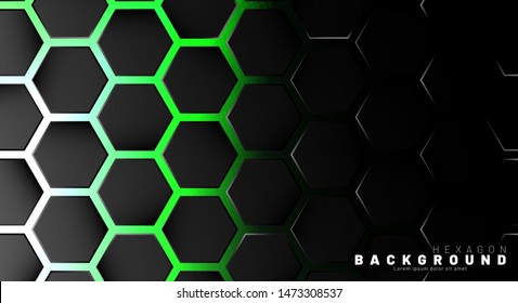Abstract black hexagon pattern on green neon background technology style. Honeycomb. Vector illustration